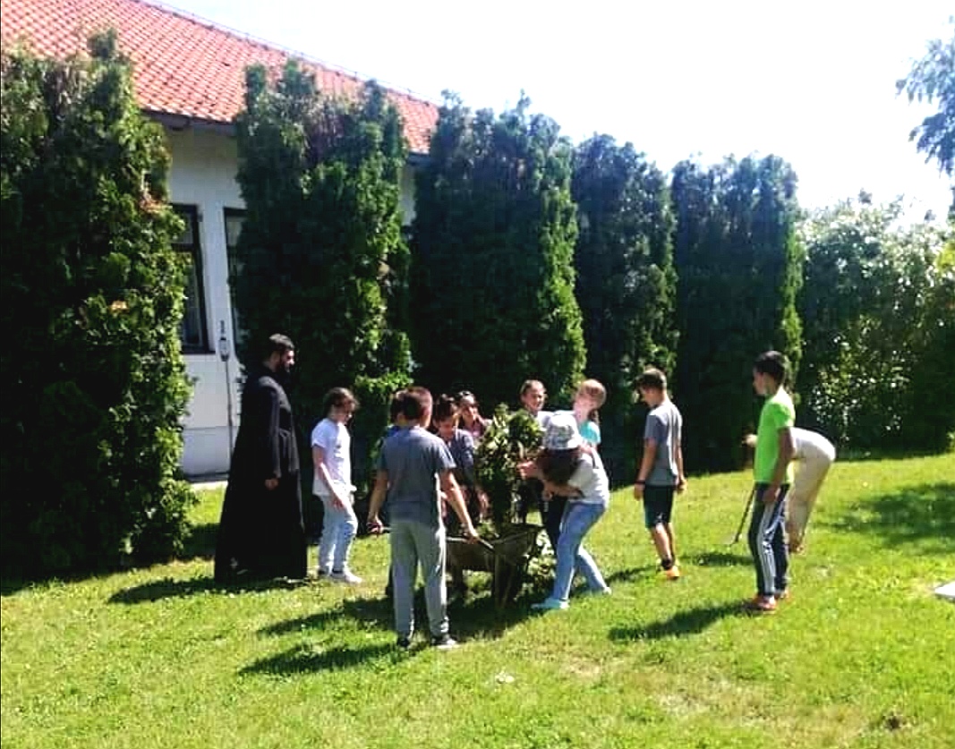 Roditelji i deca sređuju školsko dvorište u Vinči kod Topole